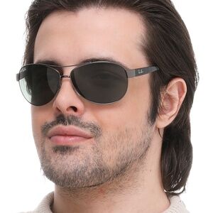 Ray-Ban RB3386 Aviator Sunglasses – Gunmetal / Gray Gradient / Blue Arms